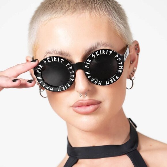 Killstar ✦ Elements Round Sunglasses ✦ Black Frame White Graphic Lens Detail NWT